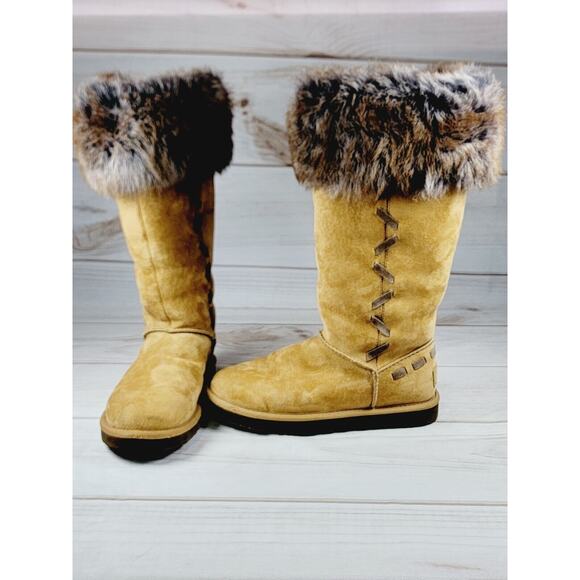 UGG Boots Australia Rosana Fur Cuff Style 1008044 Chestnut Wool Brown Boots Sz 7 - Picture 1 of 16